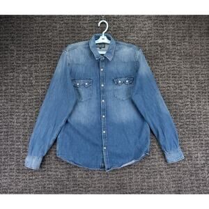 Lucky Brand Shirt Mens Medium Blue Cotton Denim Pearl Snap Western Rockabilly